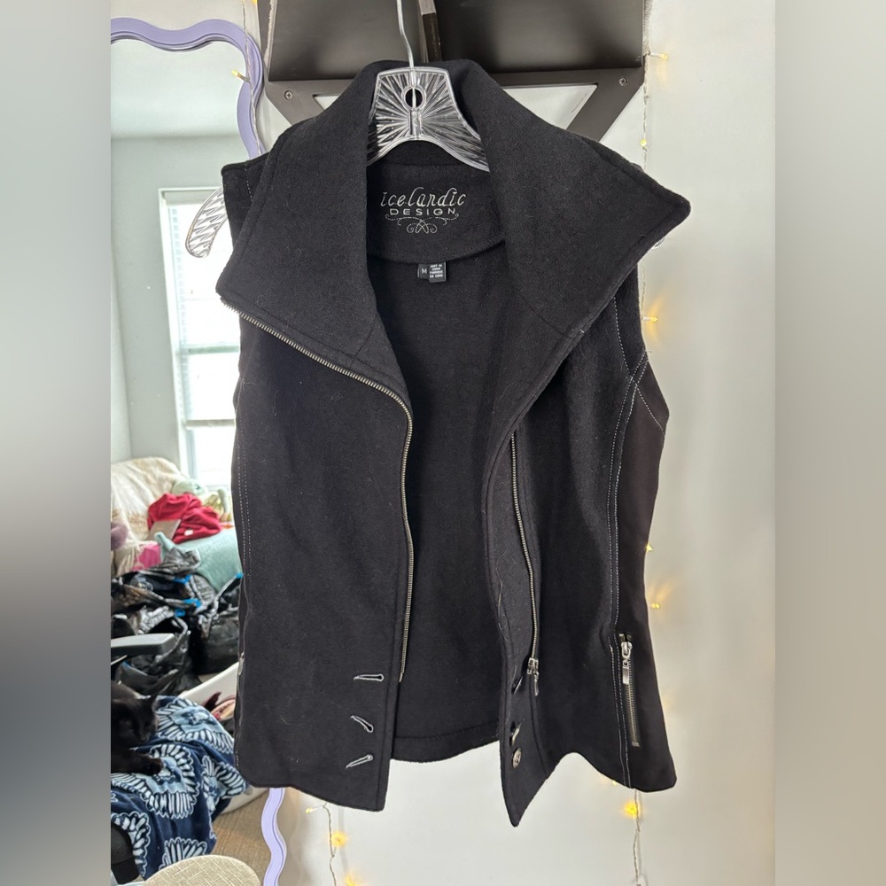 Black Vest with Asymmetrical Zipper and Wide Collar